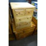 A SMALL PINE CHEST OF THREE LONG DRAWERS, 2’6” AND A PINE BEDSIDE CHEST OF TWO SHORT AND TWO LONG