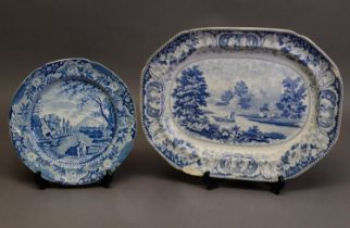 EARLY 19th CENTURY LIVERPOOL HERCULANEUM POTTERY BLUE AND WHITE TRANSFER PRINTED MEAT DISH, the