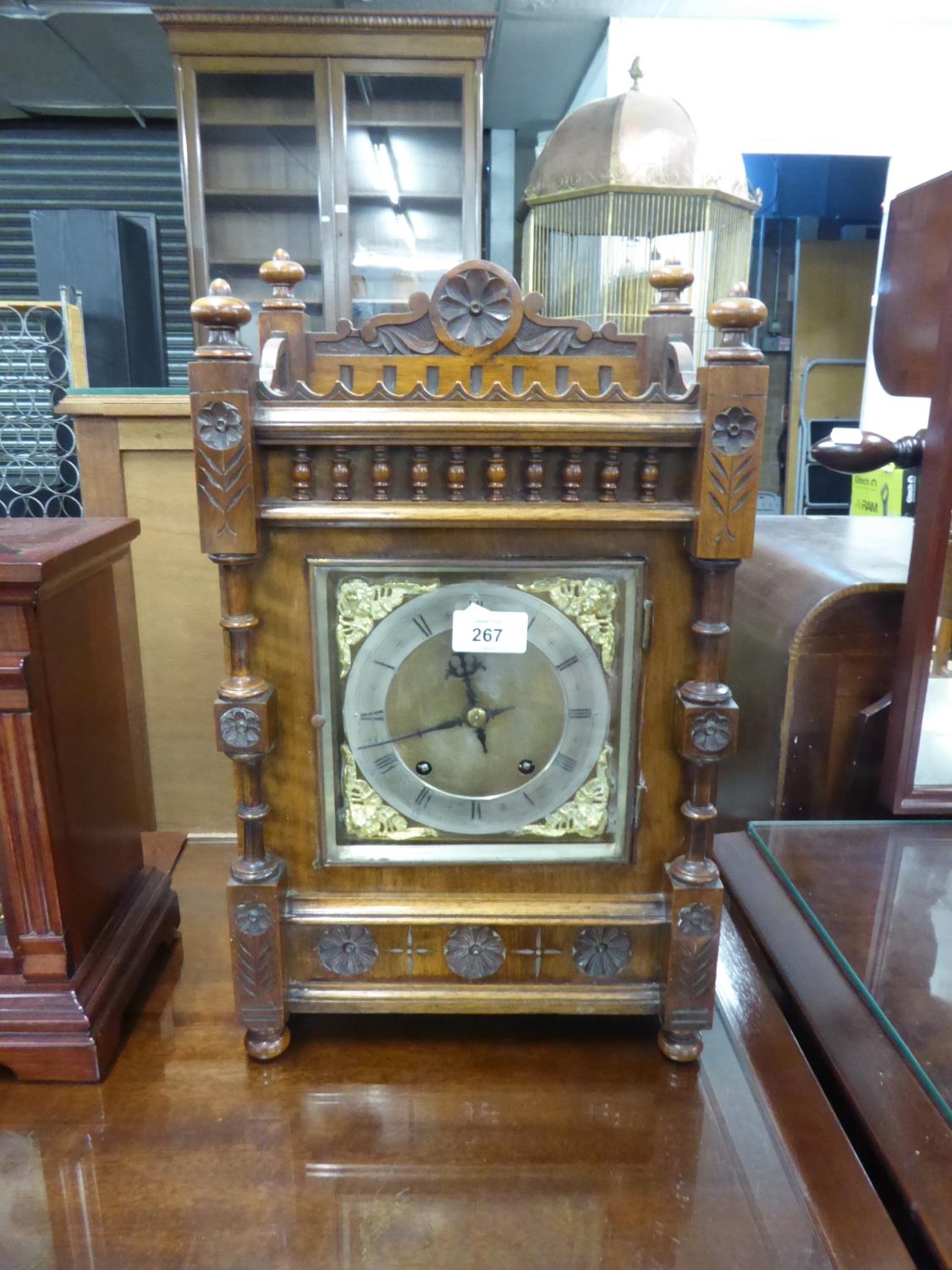 EDWARDIAN CARVED OAK MANTEL CLOCK