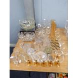 CUT GLASS BISCUIT BARREL AND COVER; TWO CUT GLASS FRUIT BOWLS; MISCELLANEOUS GLASS WARE INCLUDING