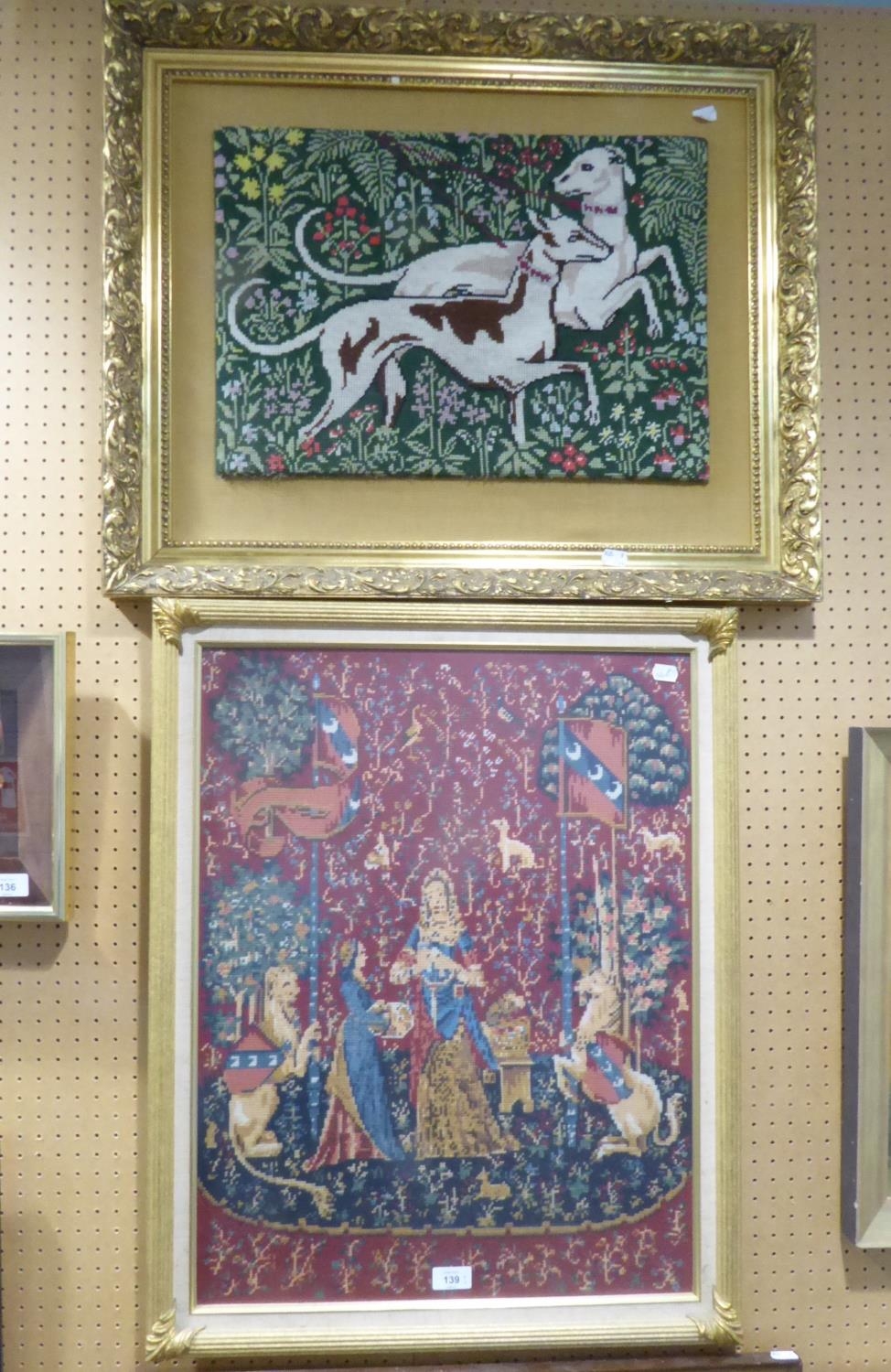 TWO MODERN WOOL WORK PICTURES IN THE MEDIEVAL STYLE Hunting dogs Interior with figures and