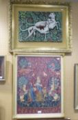 TWO MODERN WOOL WORK PICTURES IN THE MEDIEVAL STYLE Hunting dogs Interior with figures and