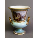 EARLY 19th CENTURY DERBY PORCELAIN CAMPANA SHAPE PEDESTAL VASE, the pale turquoise blue ground