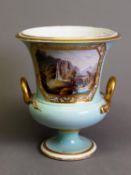 EARLY 19th CENTURY DERBY PORCELAIN CAMPANA SHAPE PEDESTAL VASE, the pale turquoise blue ground