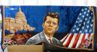 MODERN PATRIOTIC/COMMEMORATIVE AMERICAN MACHINE WOVEN CHENILLE MAT, BUST OF JOHN F. KENNEDY, STARS