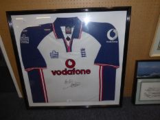 IAN (BEEFY) BOTHAM AUTOGRAPHED SHORT SLEEVED ENGLAND CRICKET SHIRT with Vodafone sponsor, framed and