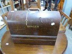 PORTABLE ELECTRIC SINGER SEWING MACHINE, IN DOMED OAK CARRYING CASE