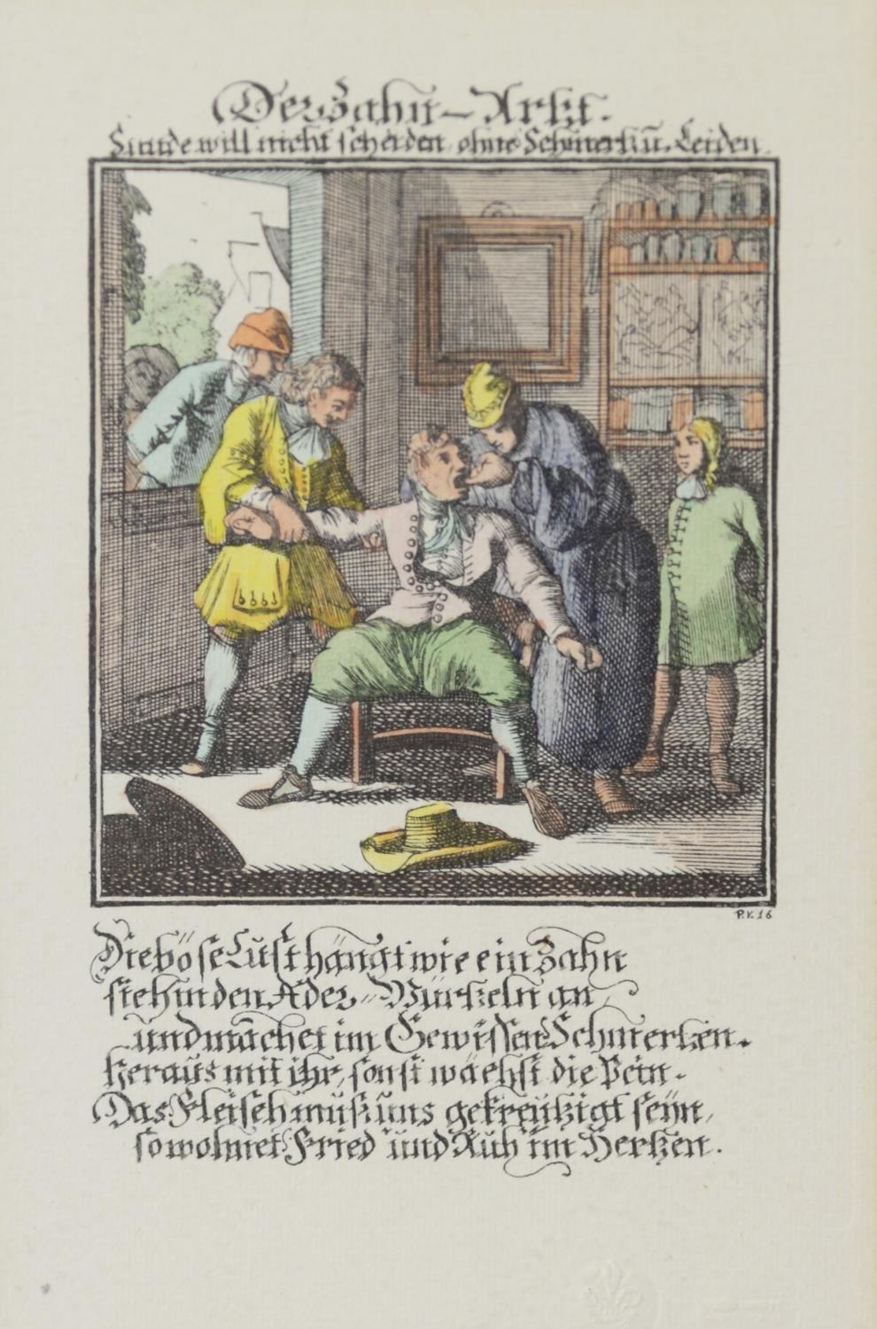 HAND COLOURED REPRINT OF AN EIGHTEENTH CENTURY GERMAN ENGRAVING ‘The Dentist’ 7 ½” x 4 ¾” (19cm x
