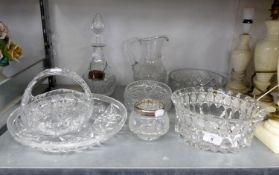 CUT GLASS BASKET SHAPED FRUIT BOWL, WITH LOOP HANDLE; A CUT GLASS TEAR SHAPED DECANTER ADN