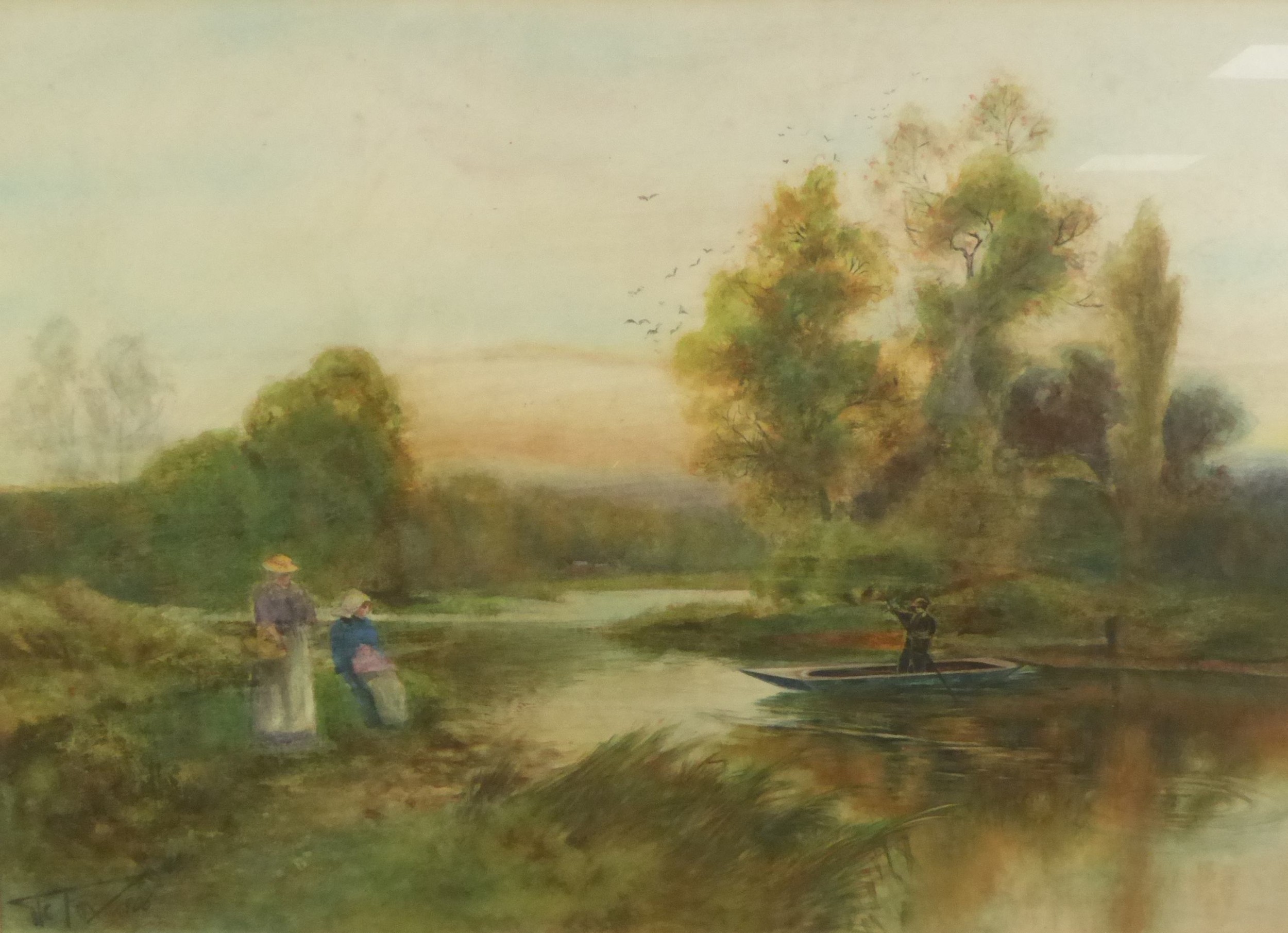 HENRY CHARLES FOX (1855/60-1929) WATERCOLOUR River scene with figures awaiting the approaching ferry - Image 2 of 3
