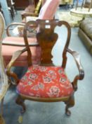 SMALL FIGURED WALNUT OPEN ARMCHAIR OF 18TH CENTURY STYLE, WITH SPLAT BACK, CABRIOLE FRONT SUPPORTS