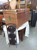 WICKER LINEN RECEIVER WITH LIFT-UP TOP, A SMALL OAK FRAMED NURSING CHAIR AND A MAHOGANY THREE TIER