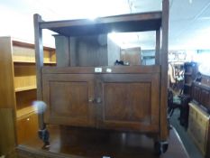 OAK TWO-TIER DRINKS TROLLEY AND CUPBOARD COMPARTMENT BELOW