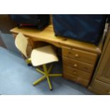 A MODERN PINE DOUBLE PEDESTAL DESK, WITH EIGHT DRAWERS, 4'6" X 1'6" AND A BENTWOOD STYLE REVOLVING