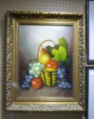 J. REMSTEOT  OIL PAINTING ON CANVAS STILL LIFE WITH BASKET OF FRUIT  SIGNED LOWER LEFT  15 1/2" X 11