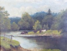 HARRY CLAYTON ADAMS (Exh. 1906-08) OIL PAINTING ON CANVAS River landscape with cattle watering