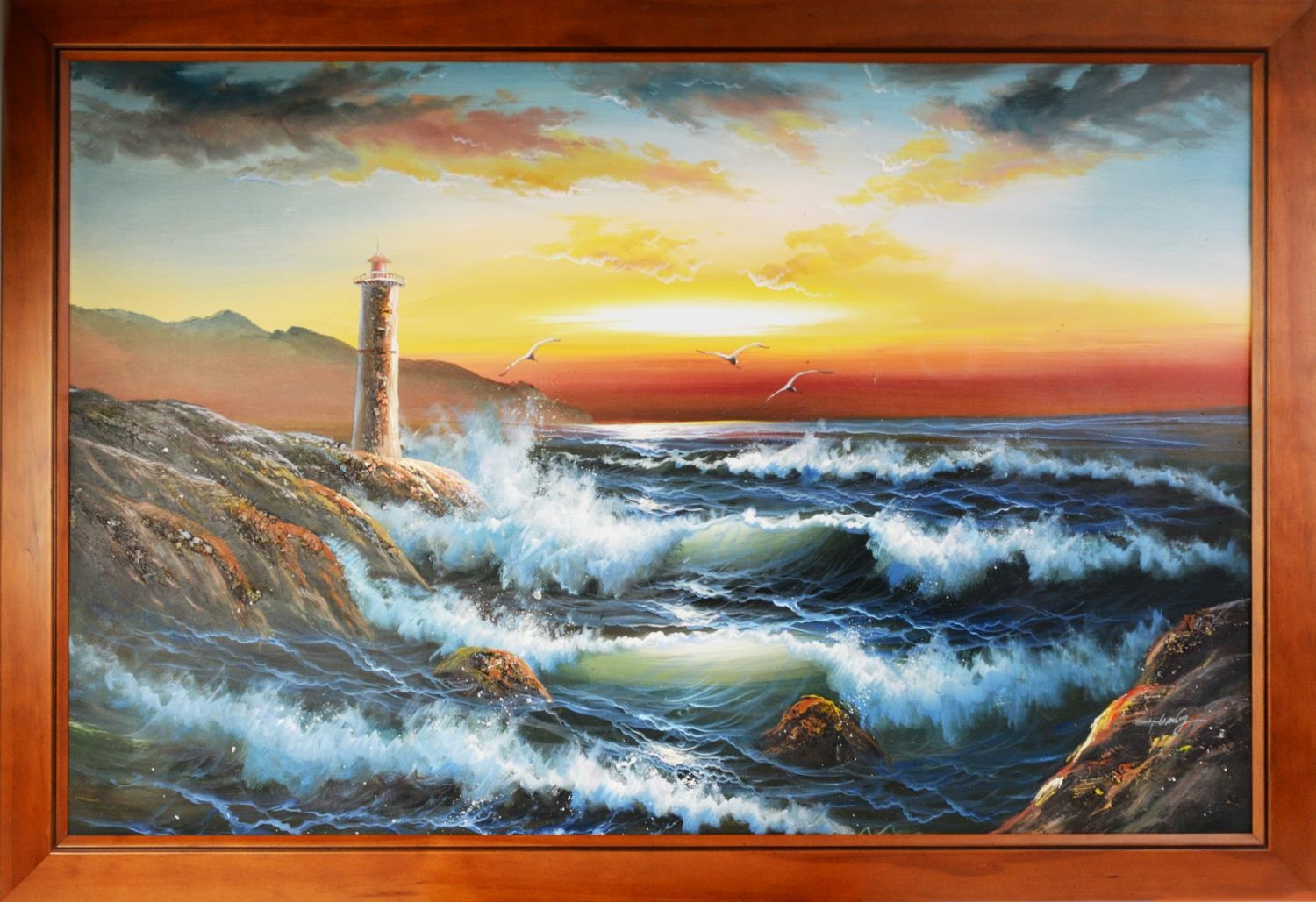 GABY? (TWENTIETH CENTURY) ACRYLIC ON CANVAS Coastal scene at dusk with lighthouse and seagulls - Image 2 of 2