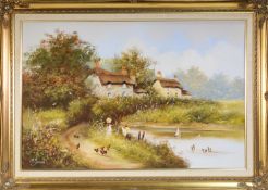 LES PARSON (TWENTIETH CENTURY) OIL PAINTING ON CANVAS Rural landscape with thatched cottages