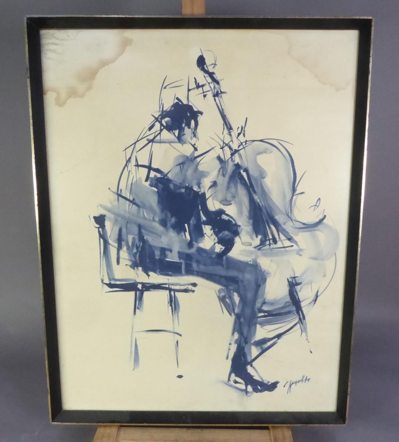 UNATTRIBUTED BLUE WASH SKETCH Man playing a double bass Signed indistinctly lower right 25 1/2in x - Image 3 of 3