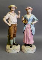 PAIR OF ROBERTS & LEADBETTER TINTED BISQUE FIGURES, modelled as a maid and her companion, 17 ½” (
