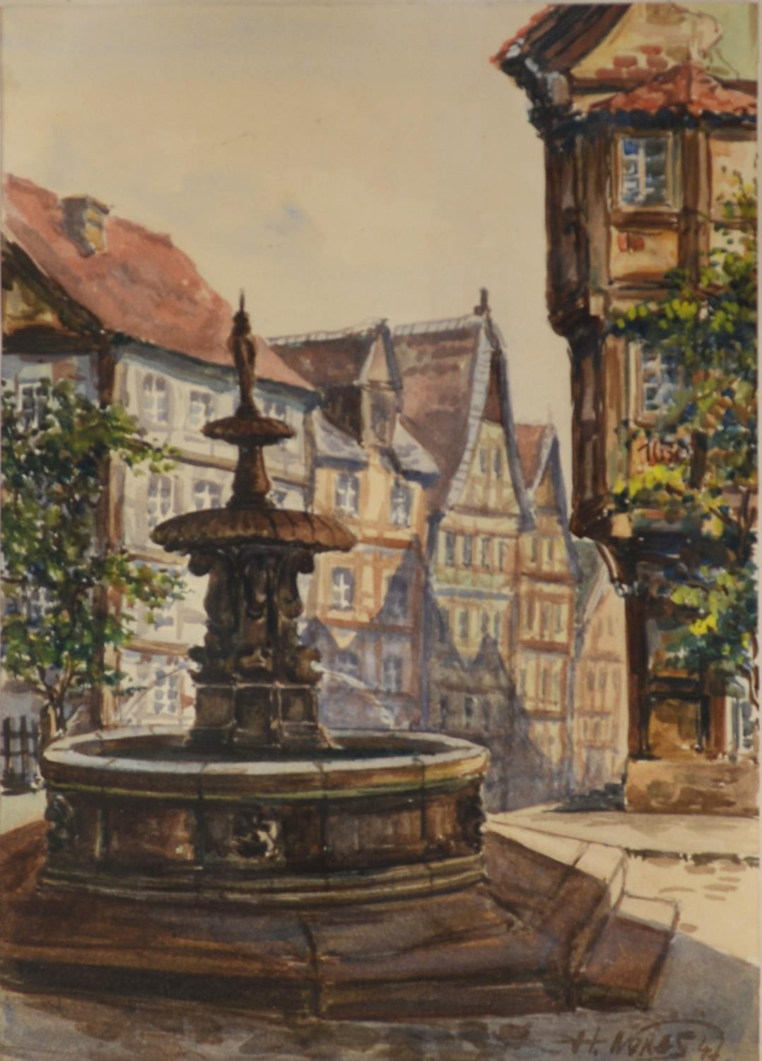 H. NOKES (TWENTIETH CENTURY) WATERCOLOUR Town scene with fountain in the foreground Signed and dated
