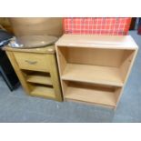 A LIGHT OAK LOW CORNER UNIT WITH DRAWER OVER TWO OPEN SHELVES; A PINE THREE TIER OPEN BOOKCASE, 2’3”