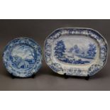 EARLY 19th CENTURY LIVERPOOL HERCULANEUM POTTERY BLUE AND WHITE TRANSFER PRINTED MEAT DISH, the