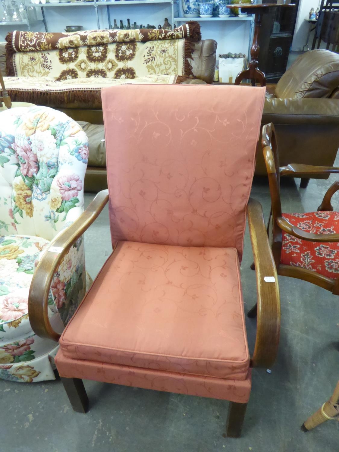 OAK SCROLL ARMED FIRESIDE CHAIR, IN PINK FABRIC