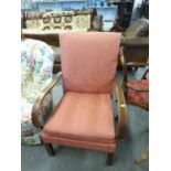 OAK SCROLL ARMED FIRESIDE CHAIR, IN PINK FABRIC