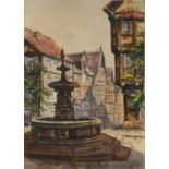 H. NOKES (TWENTIETH CENTURY) WATERCOLOUR Town scene with fountain in the foreground Signed and dated