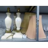 SET OF THREE WHITE ALABASTER VASE SHAPED TABLE LAMPS, ON SQUARE BASES AND TWO FABRIC SHADES AND A