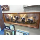 MODERN 3D COMPOSITION ON COPPER PICTURE OF ELEPHANTS, signed NONTOM? 17 ¼” X 59 ½” and a SIMILAR,