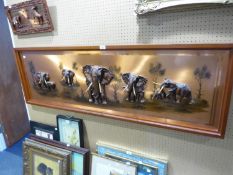 MODERN 3D COMPOSITION ON COPPER PICTURE OF ELEPHANTS, signed NONTOM? 17 ¼” X 59 ½” and a SIMILAR,