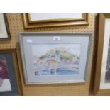 R. INDOVY WATERCOLOUR DRAWING CONTINENTAL CITY, RIVER AND BRIDGE SIGNED AND DATED (19)72