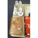 A PINK MOULDED GLASS DRESSING TABLE SET OF FIVE PIECES, INCLUDING AN OBLONG TRAY AND A PAIR OF