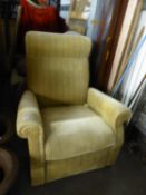 RECLINING LOUNGE ARMCHAIR WITH EXTENDING LEG REST, COVERED IN RIBBED GOLD CUT VELVET