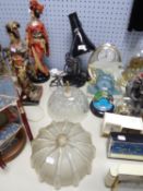 VINTAGE BLACK METAL ANGLE POISE LAMP, and TWO MOULDED GLASS LIGHT SHADES, (3)