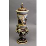 LATE 19th CENTURY GERMAN VILLEROY & BOCH (Mettlach) STONEWARE TALL, COVERED VASE, finely moulded,