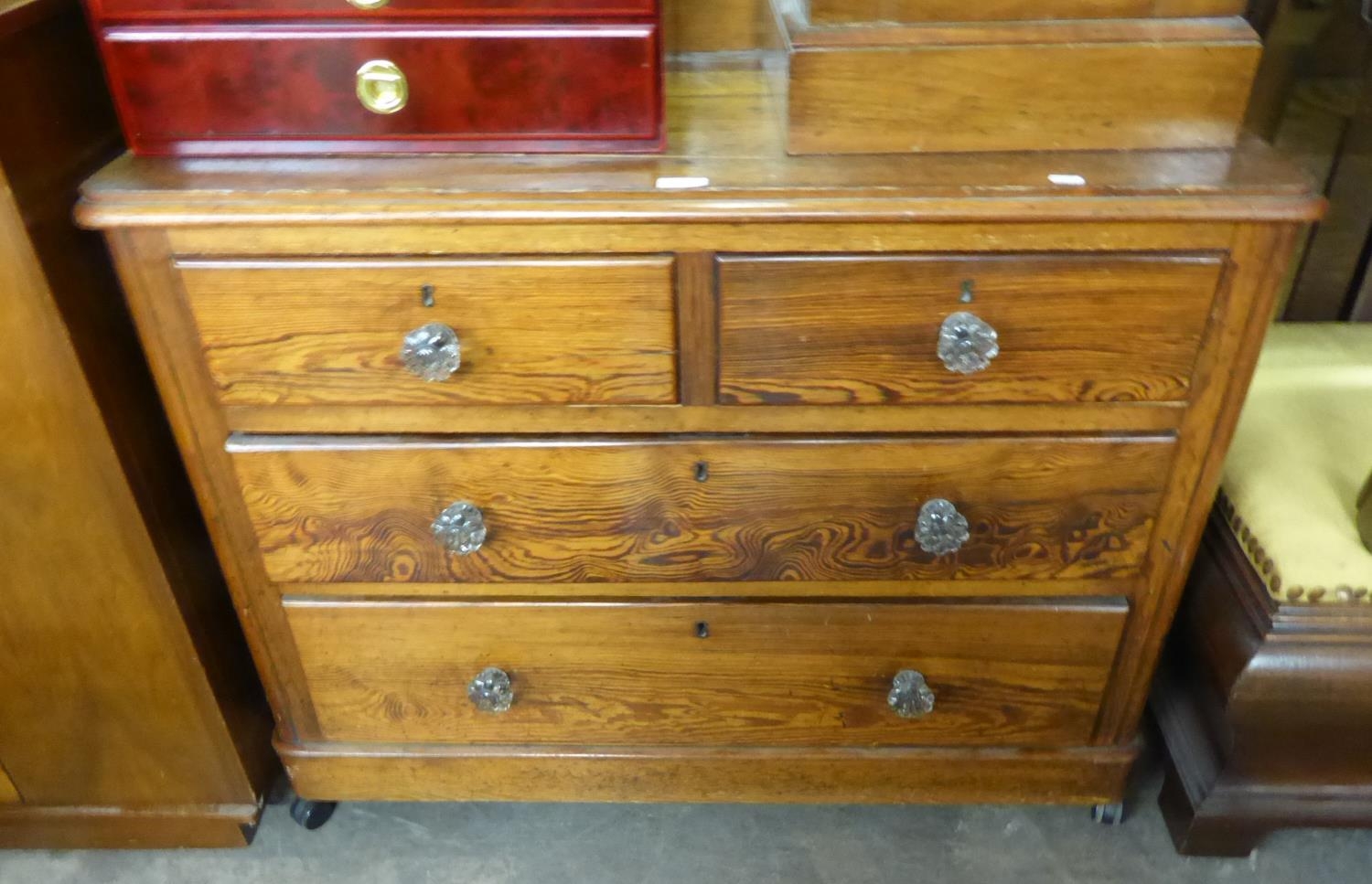 VICTORIAN PITCH PINE CHEST OF TWO SHORT AND TWO LONG DRAWERS, WITH LOW LEDGE BACK, MOULDED GLASS