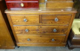 VICTORIAN PITCH PINE CHEST OF TWO SHORT AND TWO LONG DRAWERS, WITH LOW LEDGE BACK, MOULDED GLASS
