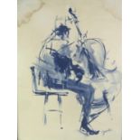 UNATTRIBUTED BLUE WASH SKETCH Man playing a double bass Signed indistinctly lower right 25 1/2in x