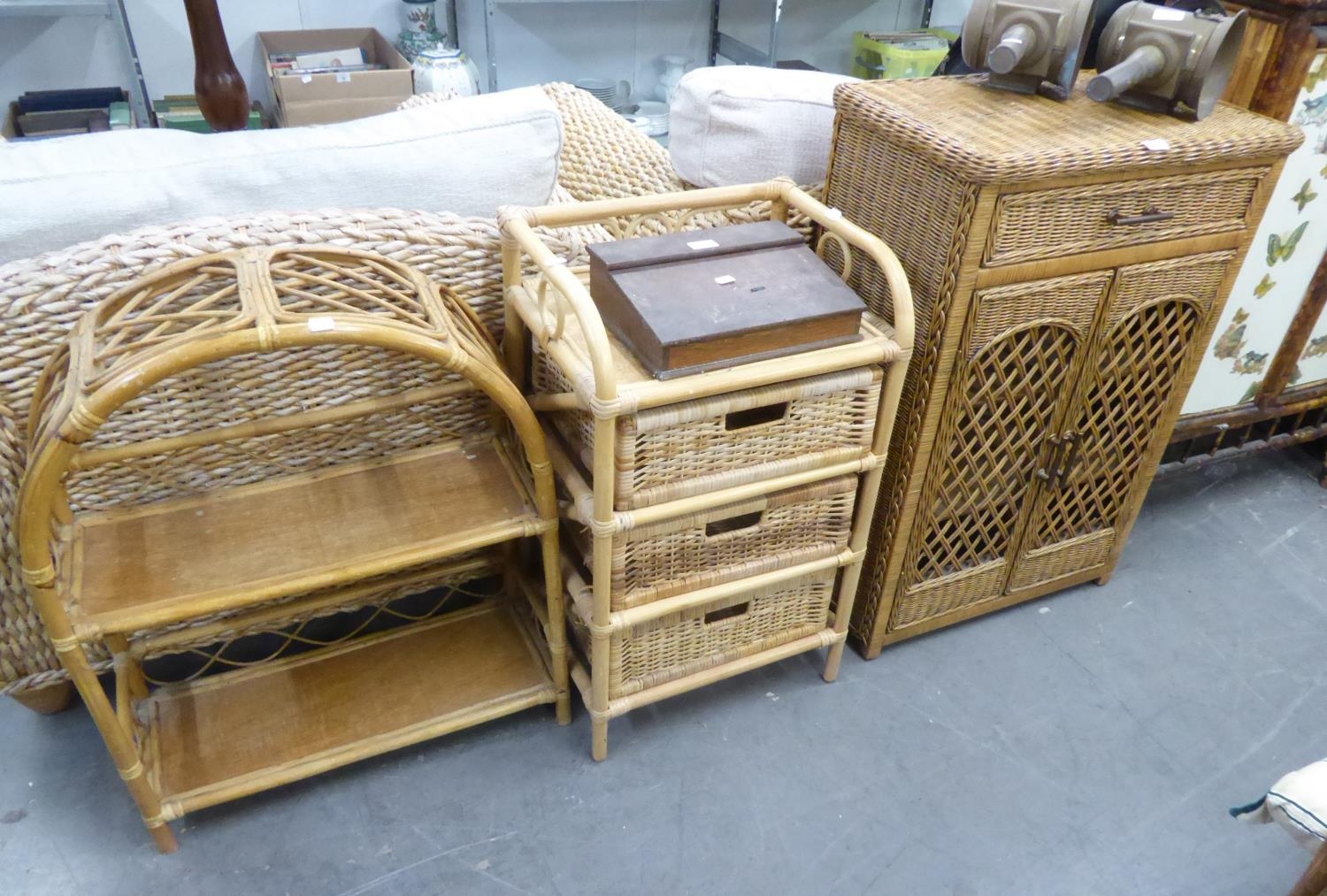 THREE SMALL PIECES OF MODERN WICKER/ WOVEN CANE FURNITURE, SIDE CABINET, THREE DRAWER CHEST and a