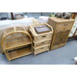 THREE SMALL PIECES OF MODERN WICKER/ WOVEN CANE FURNITURE, SIDE CABINET, THREE DRAWER CHEST and a