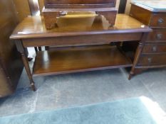MAHOGANY OBLONG TWO TIER COFFEE TABLE, ON FOUR TURNED AND FLUTED TAPERING LEGS