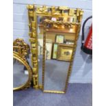 STYLISH OBLONG WALL MIRROR, IN GILT, TEXTURED BLOCK WORK FRAME, 42” x 20” overall, and a SMALLER,