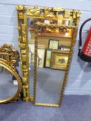 STYLISH OBLONG WALL MIRROR, IN GILT, TEXTURED BLOCK WORK FRAME, 42” x 20” overall, and a SMALLER,