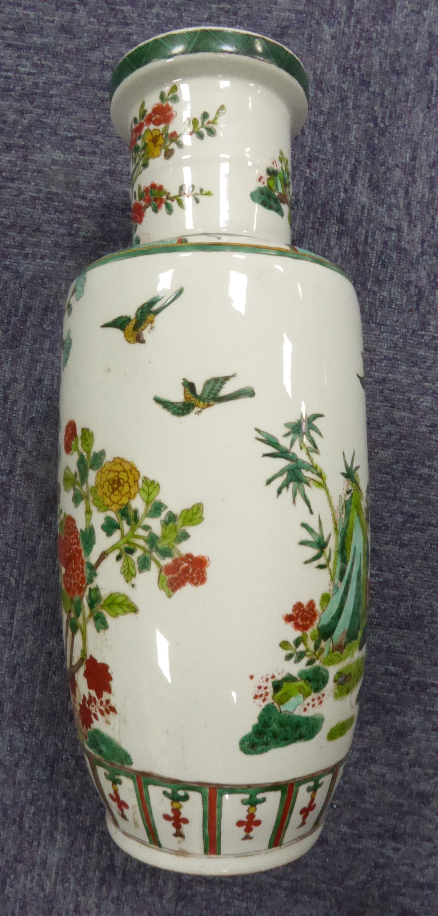 CHINESE, PROBABLY LATE QING DYNASTY, FAMILLE VERTE ENAMELLED ROULEAU VASE, well-painted with two - Image 2 of 9
