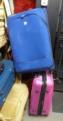 ‘DELTA TRAVEL’ PURPLE FIBREGLASS SUITCASE WITH EXTENDING HANDLE AND WITH FOUR WHEEL BASE, 26” X