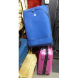 ‘DELTA TRAVEL’ PURPLE FIBREGLASS SUITCASE WITH EXTENDING HANDLE AND WITH FOUR WHEEL BASE, 26” X