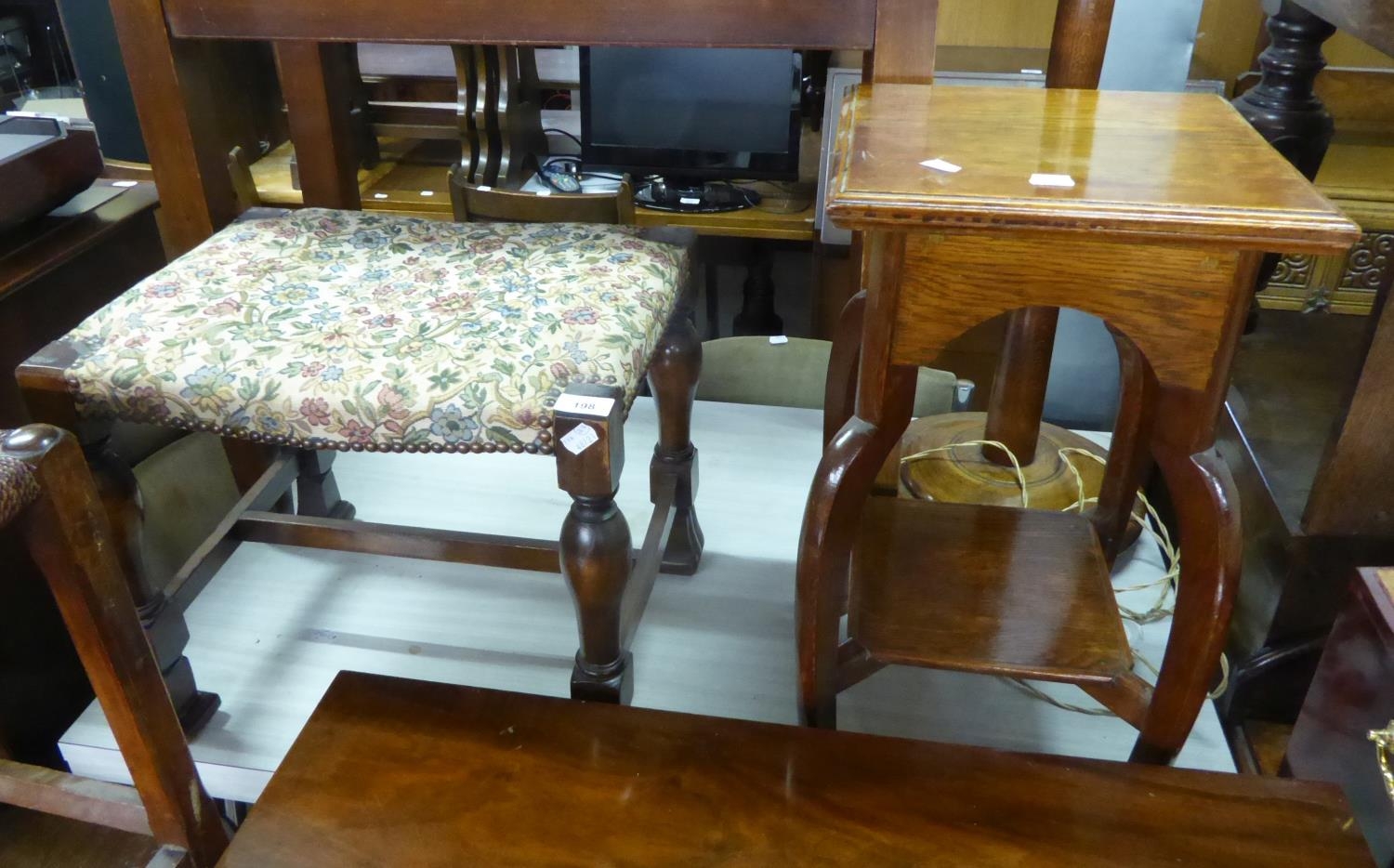 CIRCA 1920S STAINED WOOD OBLONG STOOL WITH BALUSTER TURNED LEGS AND AN OAK OBLONG URN STAND WITH